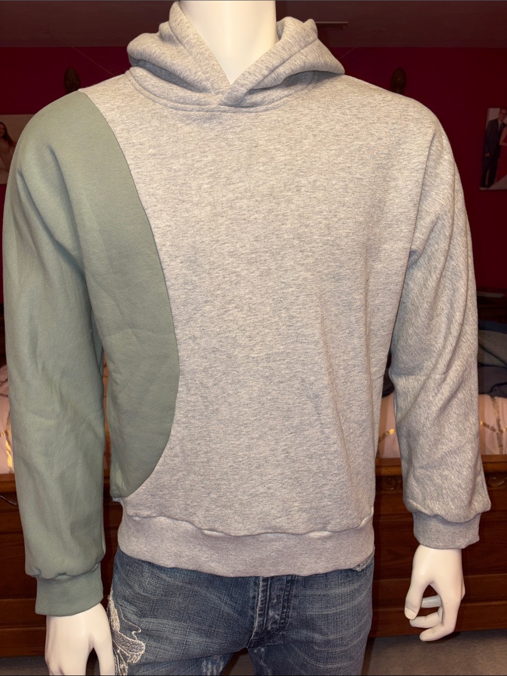 Men's Heather Gray Pullover Hoodie with Sage Green Panel